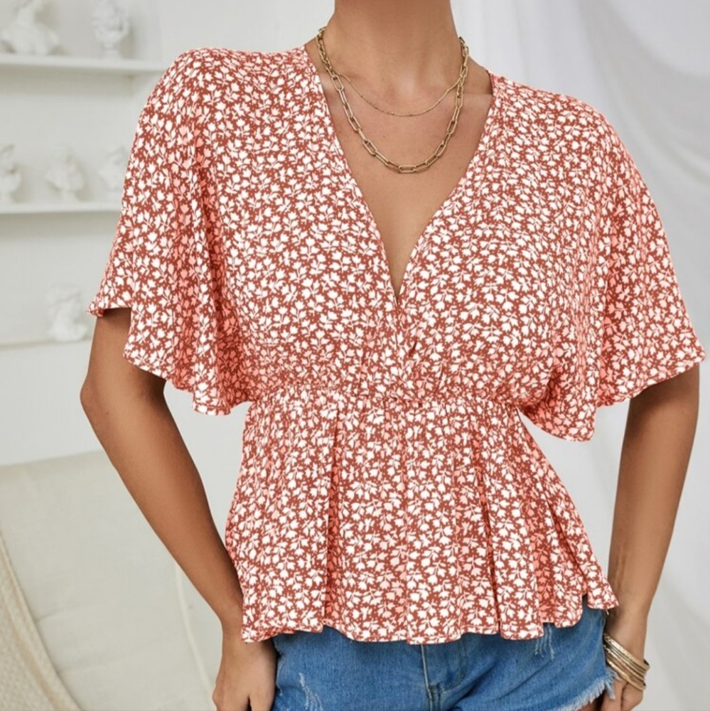 Shein peplum top, worn once, size medium, orange, floral